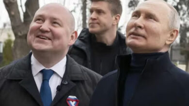 Vladimir Putin, the president of Russia, and Mikhail Razvozhayev, the governor of Sevastopol, Saturday visited the Children's Art and Aesthetic Center, a part of the Chersonesos Taurica Historical and Archeological Park. (AP Picture)