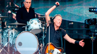 Bruce Springsteen performs at Edinburgh’s Murrayfield Stadium, backed by longtime drummer Max Weinberg © Getty