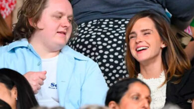 Lewis Capaldi and Emma Watson share a chuckle during the women's final at Wimbledon.