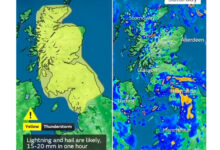 Today, Britain will be swept by thunderstorms, and the Met Office has issued flood and lightning warnings.