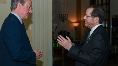 UK Foreign Minister David Cameron, left, meets with President Isaac Herzog in Jerusalem, April 17, 2024. (Maayan Toaf / GPO)