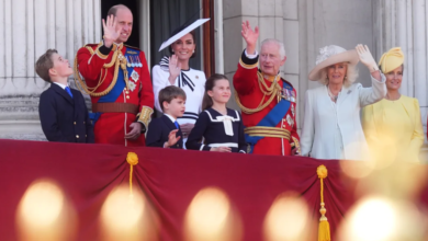 Prince George, the Prince of Wales, Prince Louis, the Princess of Wales, Princess Charlotte, King Charles III, Queen Camilla and the Duchess of Edinburgh on the balcony of Buckingham Palace. James Manning/PA Wire