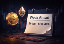 Crypto weekly outlook with Bitcoin and Ethereum icons and a week-ahead calendar
