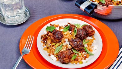Spiced Meatballs With Golden Raisin–Pistachio Pilaf