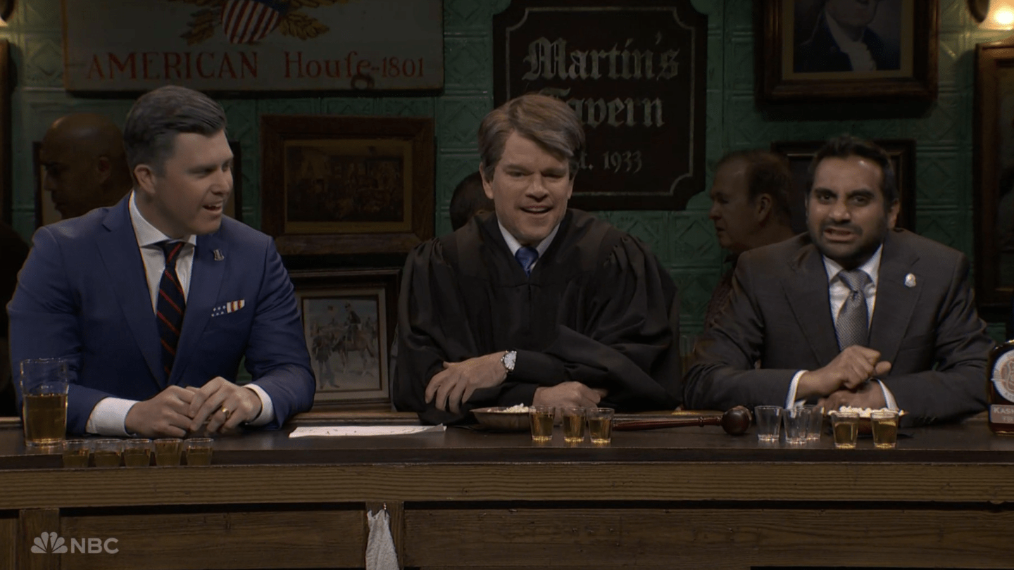 Aziz Ansari Hits the ‘SNL’ Bar With Matt Damon, Colin Jost to Battle the “War Against Male Loneliness”