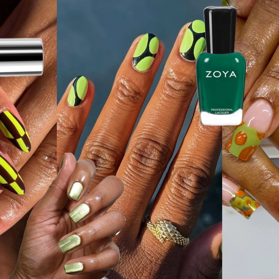 collage of green nails with green nail polish