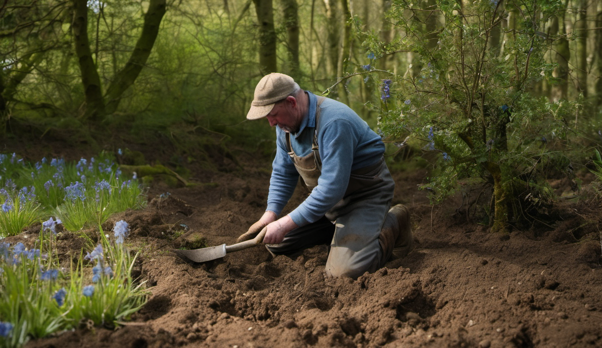 AI-generated image: A man is kneeling in a wooded area, digging a hole in the ground with a shovel.