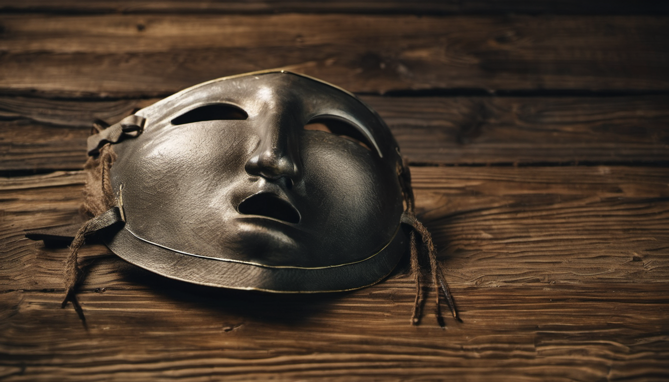 AI-generated image: A weathered, dark brown theatrical mask with a stylized human face, featuring prominent eyes and a slightly open mouth.