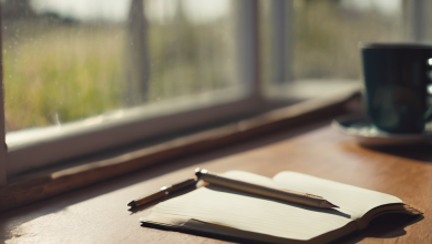 AI-generated image: A wooden table with a notebook and a pen are in the foreground.