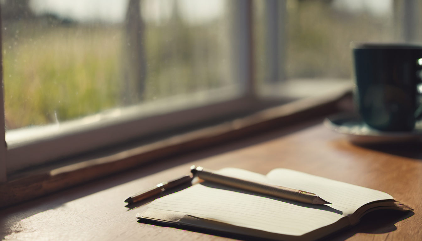 AI-generated image: A wooden table with a notebook and a pen are in the foreground.