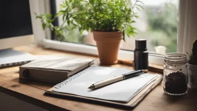 AI-generated image: A wooden desk with a notebook, a pen, a coffee mug, a potted plant, a glass jar filled with coffee beans, and a computer monitor are visible.