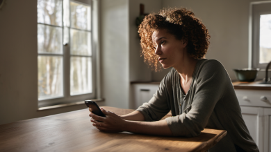 AI-generated image: A woman with curly dark hair is sitting at a wooden table.