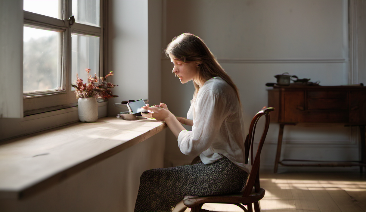 AI-generated image: A young woman is sitting on a wooden chair at a window seat.