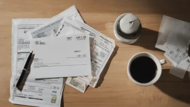 AI-generated image: A top-down shot of a wooden table with a pile of documents, a cup of coffee, and a pen.