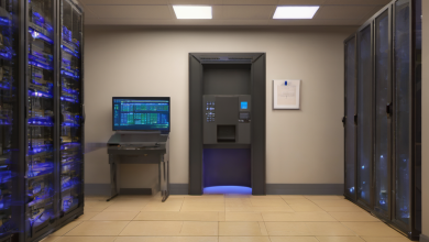 AI-generated image: The image shows a server room with multiple server racks, each with blue LED lighting.