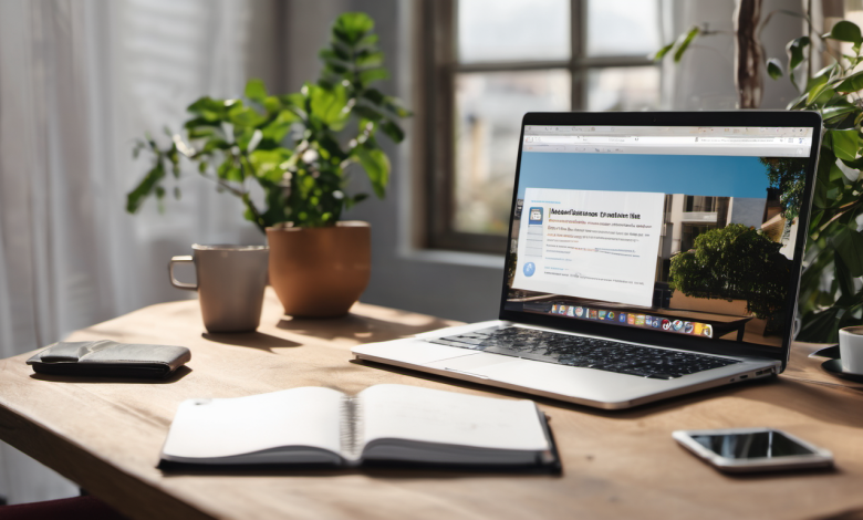 AI-generated image: A wooden table with a laptop, a notebook, a pen, a mug, a smartphone, and several potted plants.