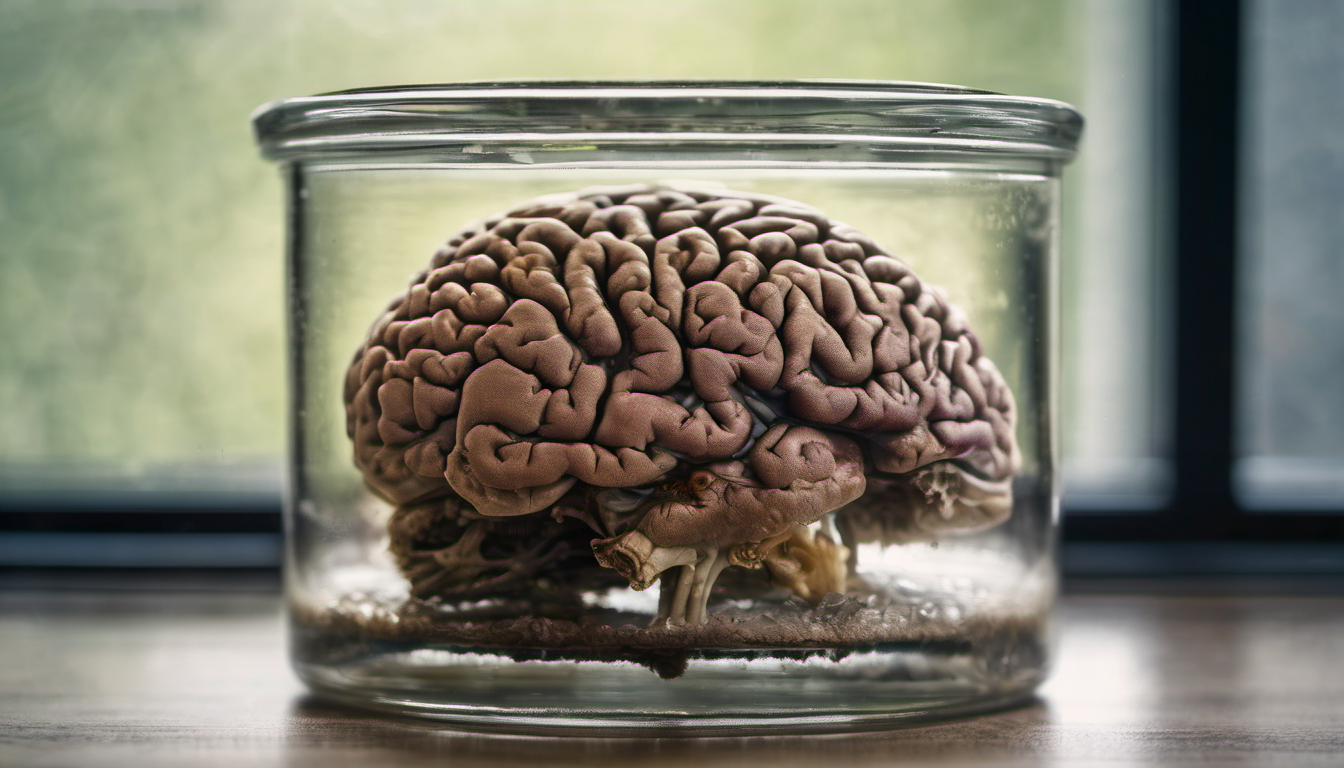 AI-generated image: A preserved human brain is contained within a clear glass jar.