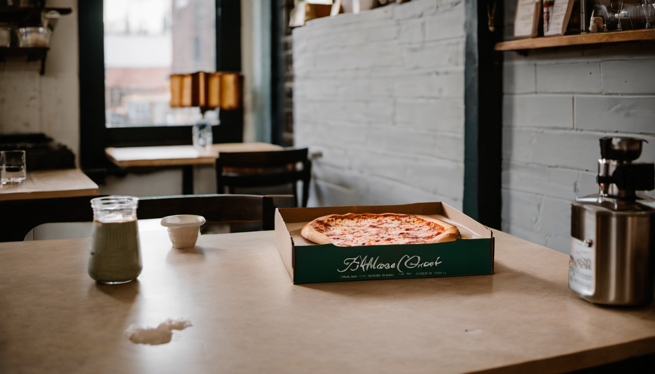 AI-generated image: A pizza box containing a pizza is on a wooden table.