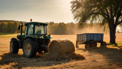 AI-generated image: The main foreground subject is a green tractor with a cabin and large wheels.