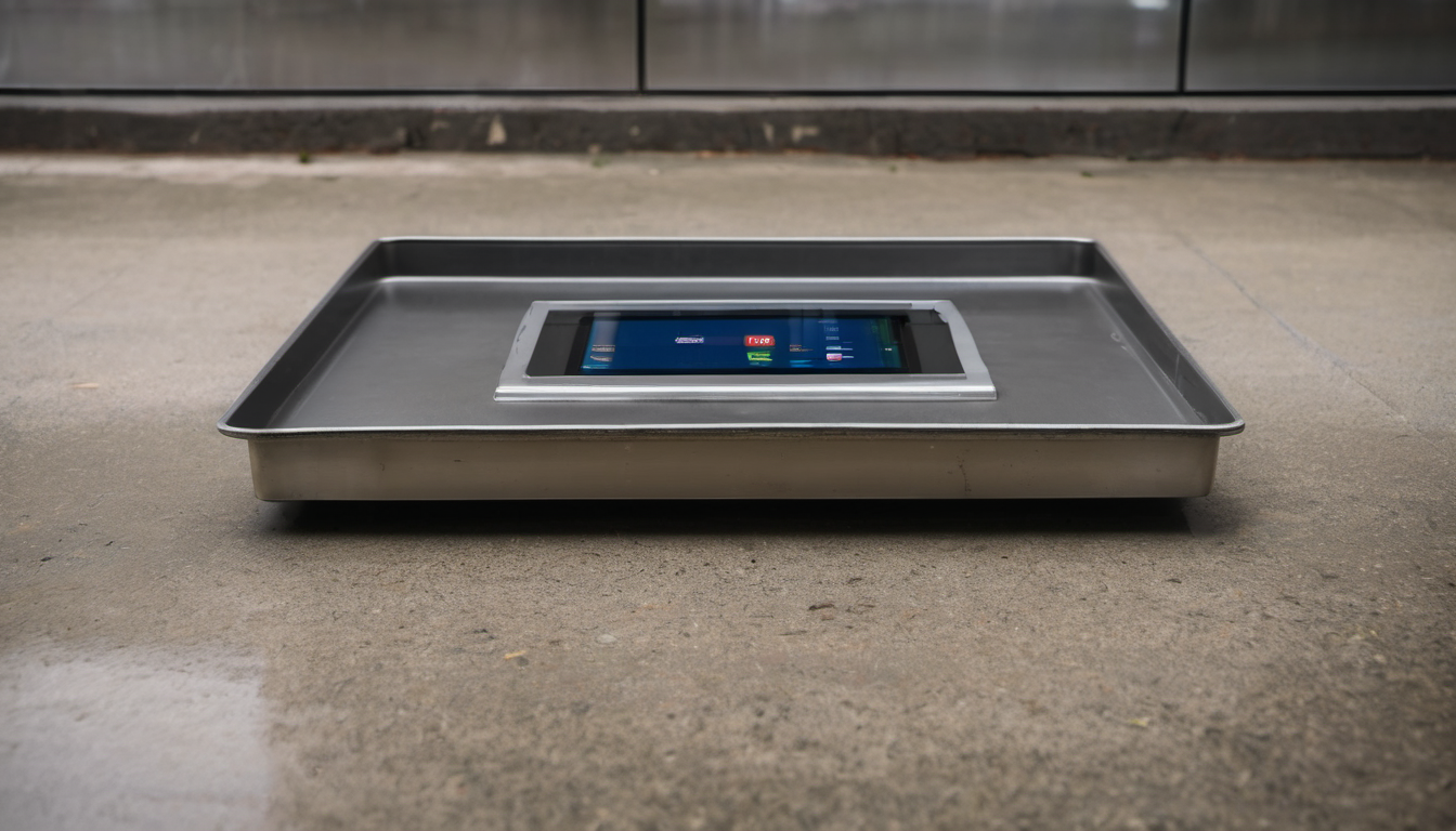 AI-generated image: A stainless steel tray with a tablet resting on its surface.