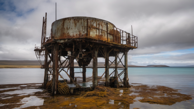 AI-generated image: A heavily rusted, cylindrical metal tank sits on a concrete platform partially submerged in water.