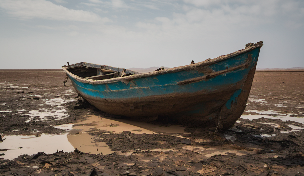 AI-generated image: A small, blue wooden boat is the main foreground subject.