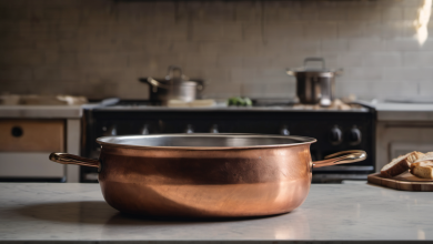 AI-generated image: A large copper pot with two handles is on a marble countertop.