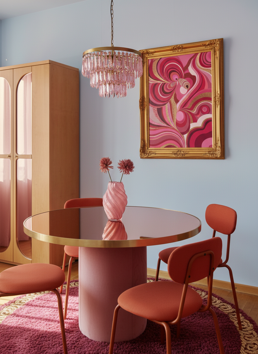 A round dining table with a pink base and mirrored top, surrounded by four orange chairs, under a pink crystal chandelier, with a framed…