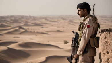 AI-generated image: A man wearing a turban and military-style clothing stands on a rocky outcrop overlooking a vast, sandy desert landscape.