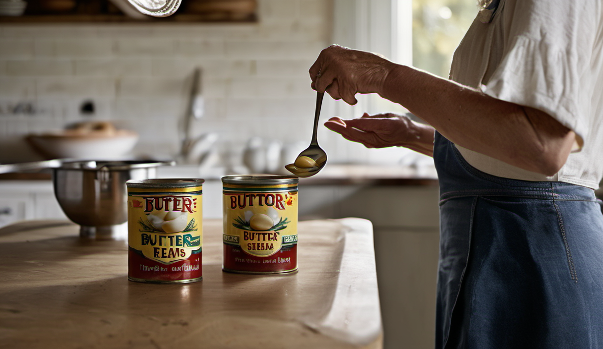 AI-generated image: A person with aged skin and wearing a dark apron is holding a spoon and scooping a substance from a can.