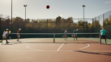 AI-generated image: Four adults are playing pickleball on a court.