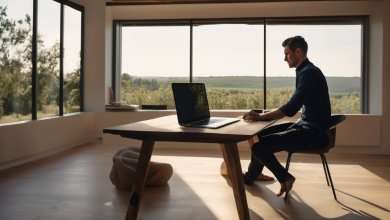 AI-generated image: A man is sitting on a chair at a wooden table, working on a laptop.