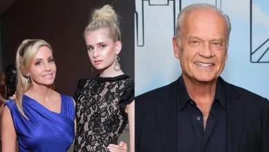 Camille Grammer and Mason Grammer on the left, posing for a photo together. On the right, Kelsey Grammer smiling in front of a Frasier…
