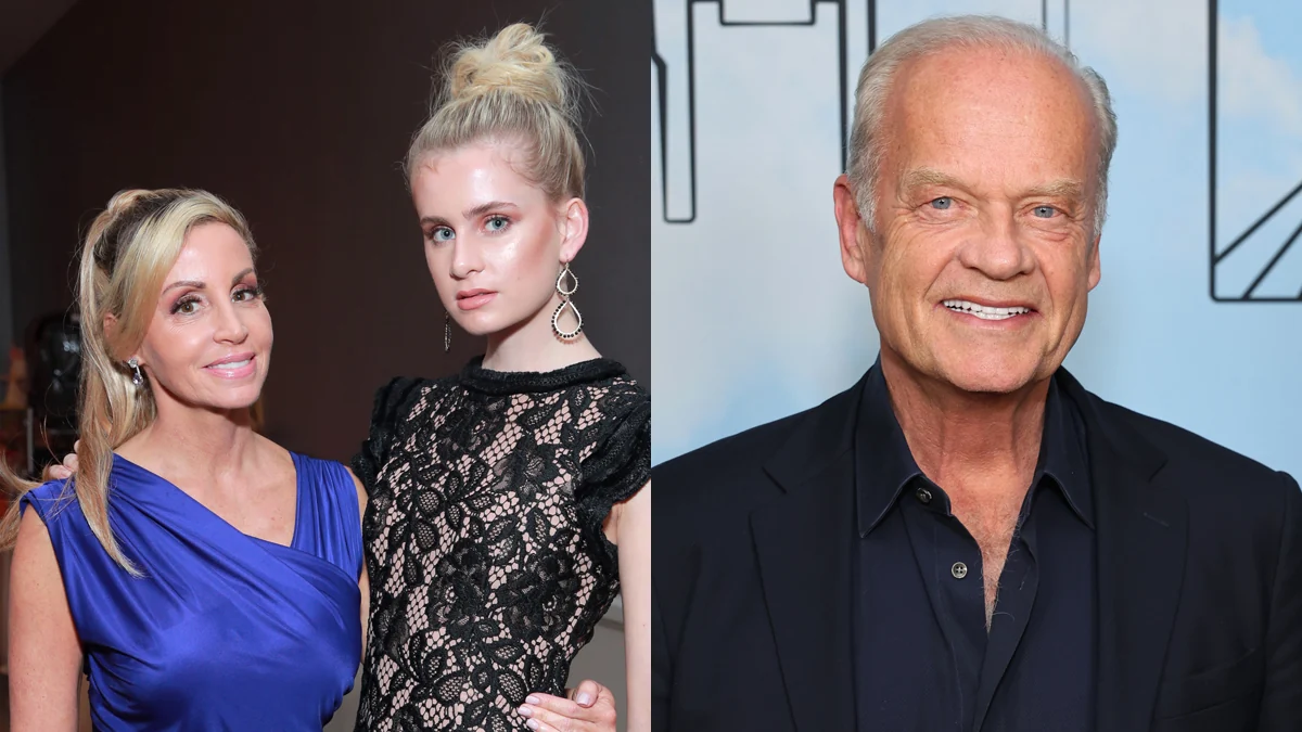 Camille Grammer and Mason Grammer on the left, posing for a photo together. On the right, Kelsey Grammer smiling in front of a Frasier…