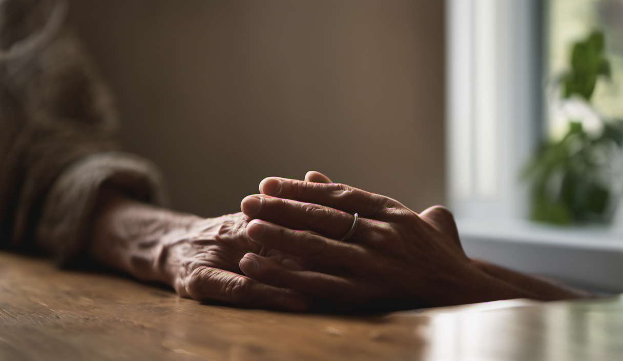 AI-generated image: The main foreground subject is a pair of elderly hands, clasped together in a praying position.