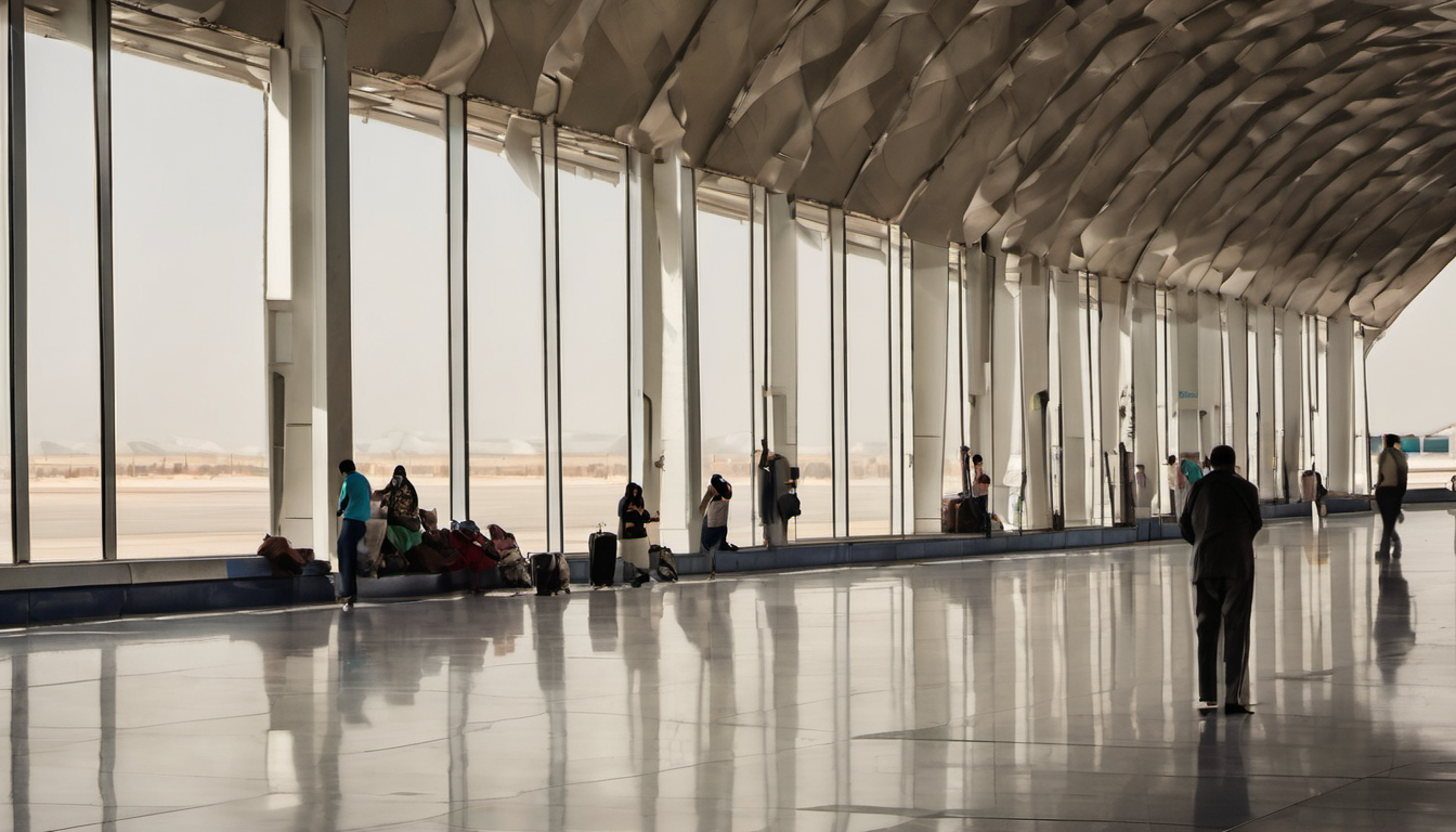 AI-generated image: The image shows a long, wide airport terminal.