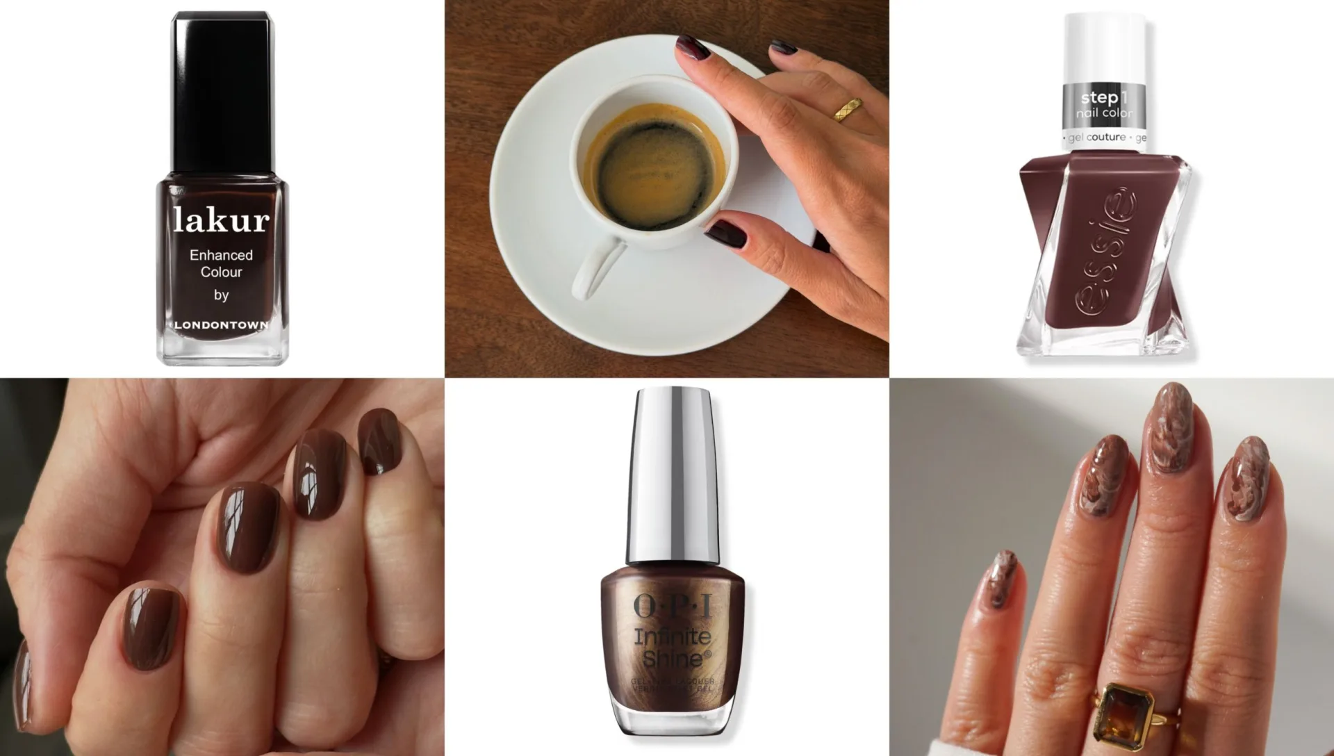Dark espresso brown nails, a little coffee cup moment, glossy chocolate mani and swirly brown nail art with gold rings, all the fall nail…