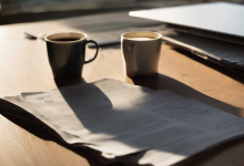 AI-generated image: A wooden table with two gray mugs of coffee and several open documents.