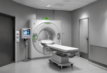 AI-generated image: A medical imaging scanner, specifically a CT scanner, is the main foreground subject.