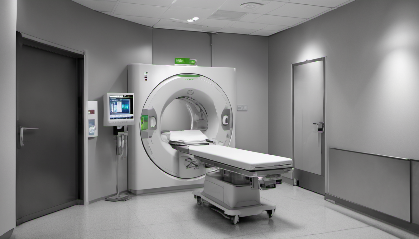 AI-generated image: A medical imaging scanner, specifically a CT scanner, is the main foreground subject.