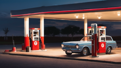 AI-generated image: A blue vintage car is parked at a gas station.
