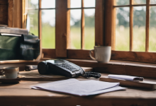 AI-generated image: A wooden desk with a black telephone, a fax machine, a cup of coffee and a saucer, and a stack of papers are visible.
