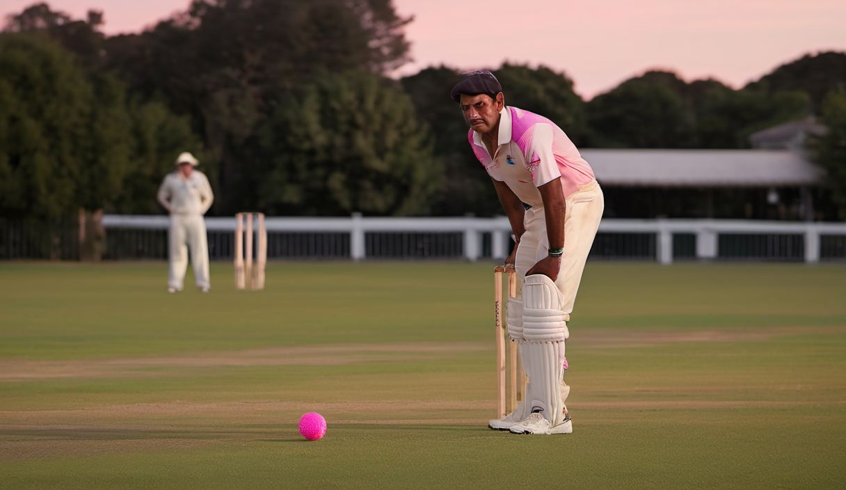 AI-generated image: A cricket player is positioned in the foreground, wearing a white shirt with pink and blue accents, white trousers, and white leg guards.
