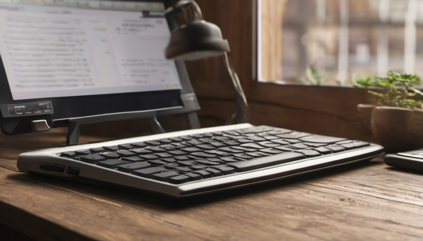 AI-generated image: A silver wireless keyboard is positioned on a wooden desk.
