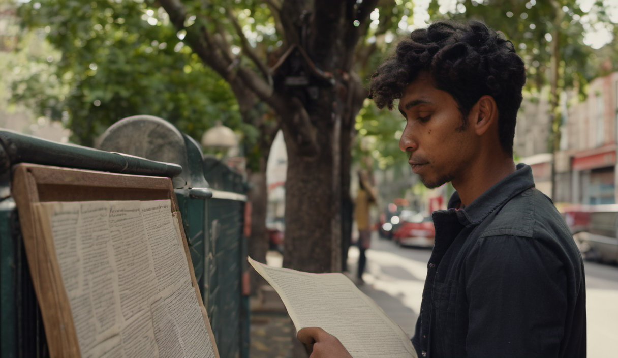AI-generated image: A young man with dark curly hair is standing outdoors, looking down at a piece of paper he is holding.