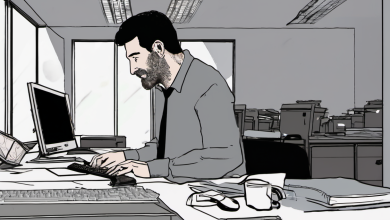 AI-generated image: A man with a beard is sitting at a desk and typing on a computer keyboard.