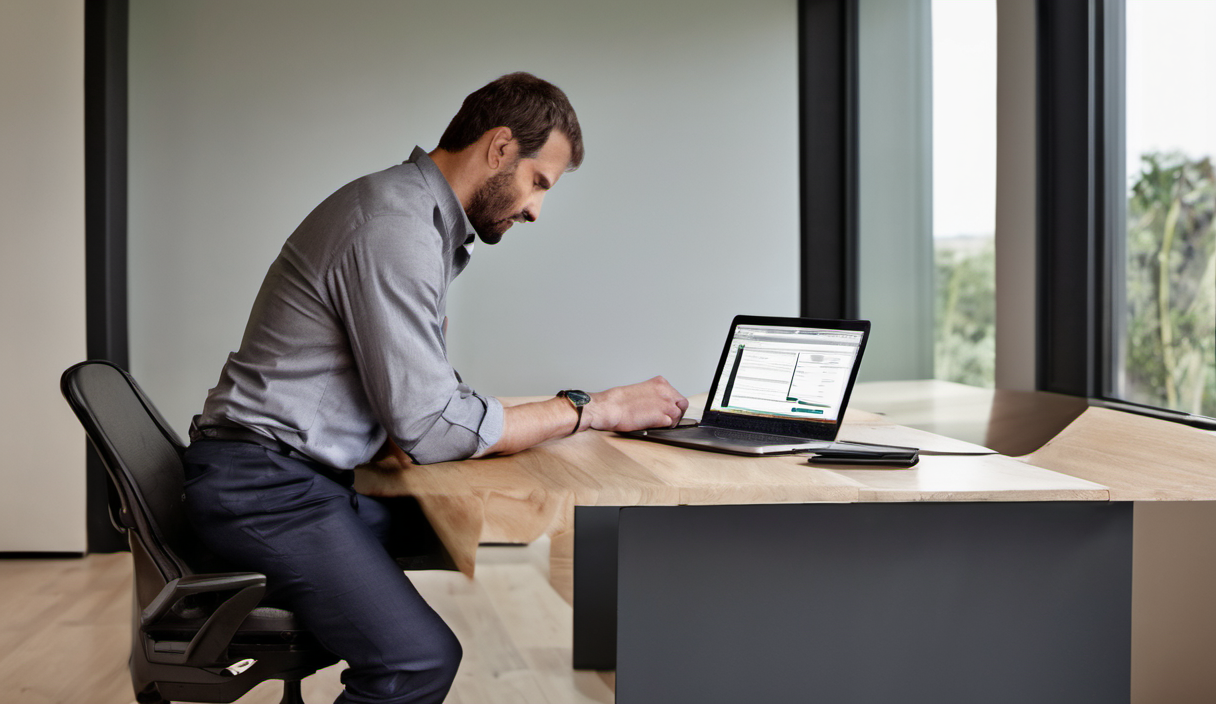 AI-generated image: A man is sitting at a wooden desk.