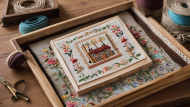 AI-generated image: A close-up photograph shows a wooden tray with a partially completed cross-stitch artwork.