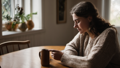 AI-generated image: A young woman is sitting at a wooden table.