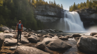 AI-generated image: A man stands in a rocky riverbed, wearing a red shirt, blue backpack, and jeans.